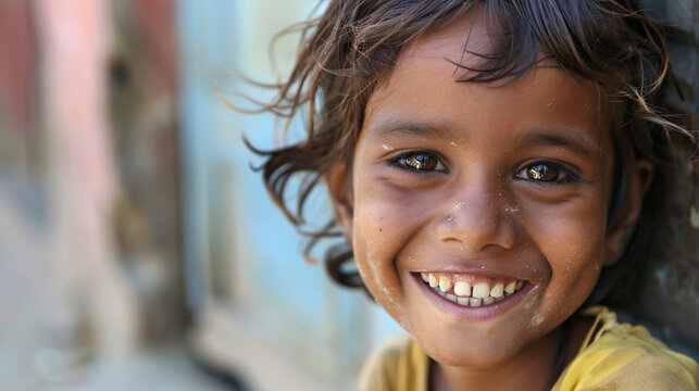 A close-up portrait of an Indian child smiling, with brown hair and light skin tone, set against the backdrop of their village home in India. The focus is on her face as she smiles at camera
