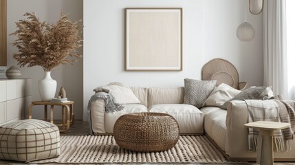 Home decor with poster frame, beige sofa, round table, rug, pouf, vase, armchair, plaid, and accessories