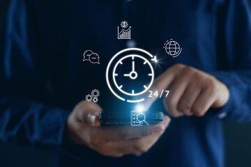  hand holding virtual 24-7 with clock on hand for worldwide nonstop and full-time available contact of service concept. customer service, nonstop service concept.