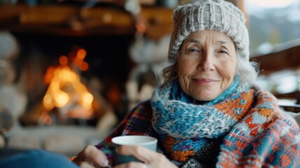 A senior woman enjoys a hot cup of coffee by the warm fireplace, wrapped in colorful knitted attire, symbolizing warmth, comfort, and a peaceful moment of relaxation.