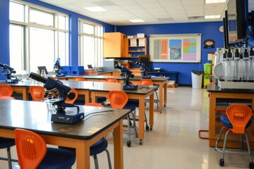 Science classroom with microscopes, tables, and chairs.