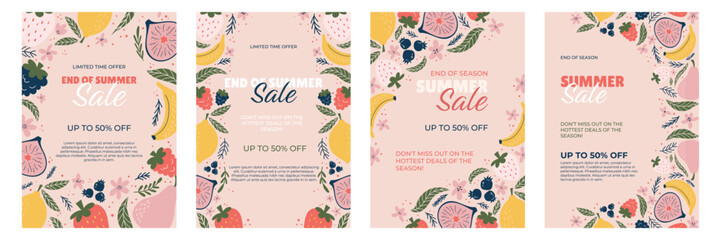 Four promotional vertical Posters End of Season Summer Sale. Pastel pink background with vibrant fruit illustrations bananas, lemons, figs, strawberries, blueberries and floral accents.