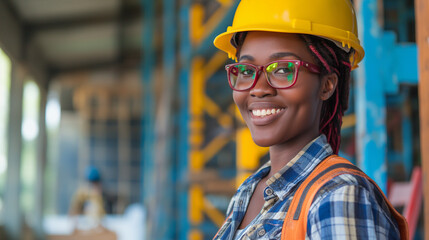 Smiling African American female construction student, hands-on learning in tradesman course, copy space