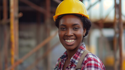 Happy black African American female apprentice, engaged in construction tradesman training, copy space