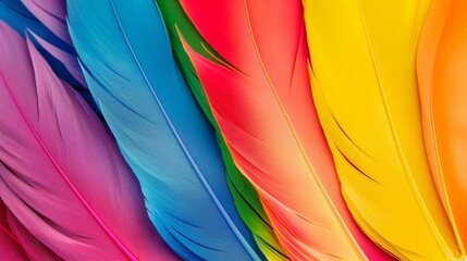 A colorful feather arrangement with a rainbow of colors. The feathers are arranged in a way that they look like they are overlapping each other. Concept of vibrancy and beauty