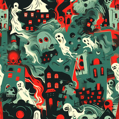 Obraz premium 90s lo-fi template with horror movie elements, featuring haunted houses, ghosts and creepy scenes, in 90s lo-fi style, with dark and creepy colors (tile)