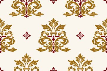 Native ethnic geometric pattern samless gold and red on a light gray background. Native fabric, tiles, rugs, shirts