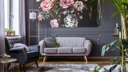 Dark living room with floral wallpaper, grey armchair, sofa, and plant. Real photo