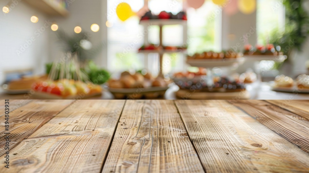 Poster a close-up view of a wooden tabletop with a blurred background of various party foods, including des