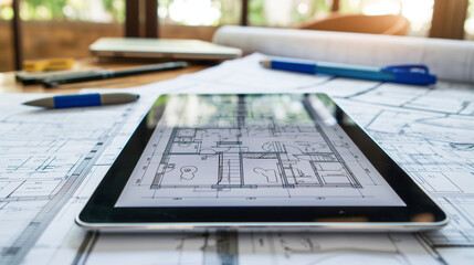 Architectural blueprint plan draft on a tablet screen, lying on an office table. Engineer dedicated to construction project design, aided by business workplace technology, industri