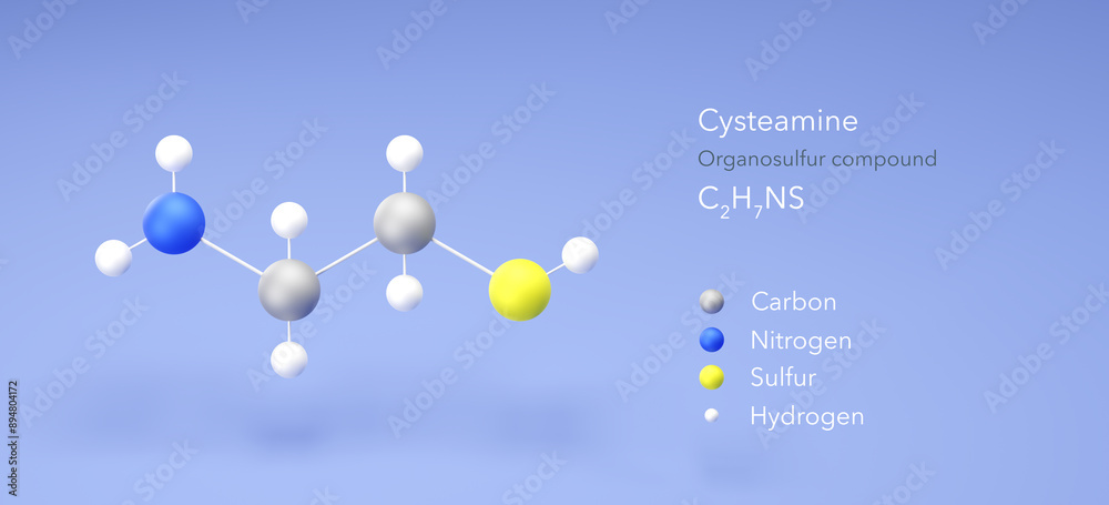 Sticker cysteamine molecule, molecular structure, organosulfur compound, 3d model, Structural Chemical Formula and Atoms with Color Coding