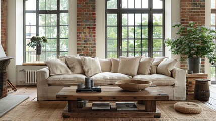 eclectic interior design, in the living room, combining a rustic wooden coffee table with a modern sofa creates a unique mix of old-world charm and contemporary style