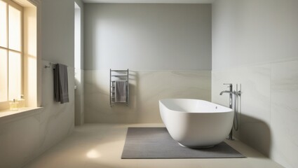 A serene and calming minimalist light bathroom features soft gray milk tones that envelop the space, with a sleek freestanding bath tub centered against a wall, accompanied