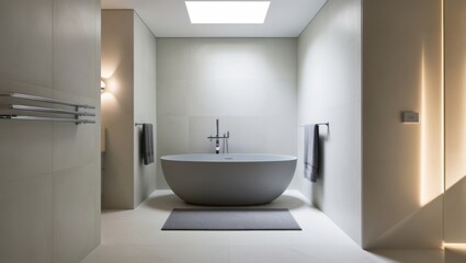 A serene and calming minimalist light bathroom features soft gray milk tones that envelop the space, with a sleek freestanding bath tub centered against a wall, accompanied