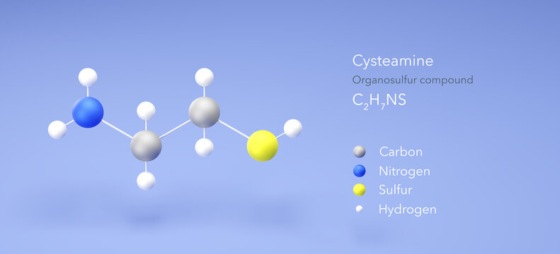 cysteamine molecule, molecular structure, organosulfur compound, 3d model, Structural Chemical Formula and Atoms with Color Coding