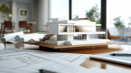 Fototapeta premium 3D model of a contemporary white modern luxurious building on a wooden desk, surrounded by detailed architectural drawings and site blueprints for construction work. Home or house