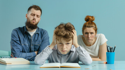 A scene of a frustrated child struggling with homework, his hands on his head, while his concerned parents look on, illustrating the challenges of schoolwork and parental involvement in education