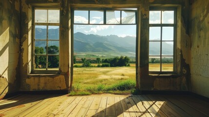 Fototapeta premium Vacant room with stunning field and mountain vista.