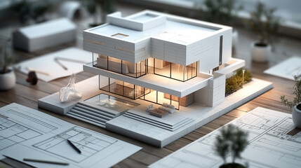 3D model of a stylish white modern luxurious building on a wooden desk, surrounded by papers with architectural drawings and site blueprints for construction work. Home or house ap