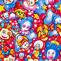 Naklejka premium Cartoon template of circus scenes, with clowns, acrobats and animals, in cartoon style, with vibrant red, yellow and blue colors (tile)