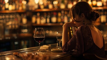 A stylish woman dressed in a little black dress enjoying a glass of red wine at a dimly lit, upscale bar. The image captures a moment of relaxation and sophistication.