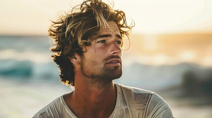 A man with a surfer hairstyle, relaxed and beachy