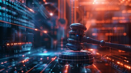 Judges gavel hovers in a high-tech, virtual space, symbolizing the enforcement of cybersecurity laws and regulations within an abstract technological environment 