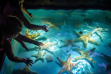 Fototapeta premium Kids Reaching for Starfish in Touch Tank.
