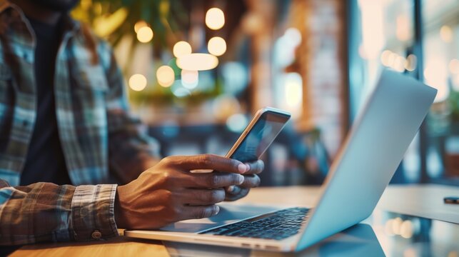 Customer Service Omnichannel Support: Customer seamlessly interacting with brand across multiple devices, showcasing consistent experience. smartphones, tablets, laptops, and in-store touchpoints.