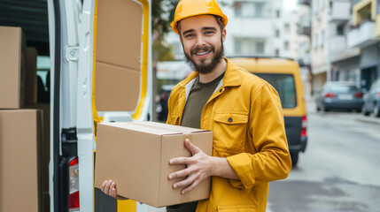 Cheerful young courier in uniform, holding a box, standing next to a delivery van packed with packages, representing reliable shipping service, happy male worker
