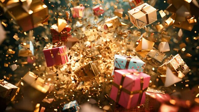 Festive gift boxes with golden confetti on a sparkling background.