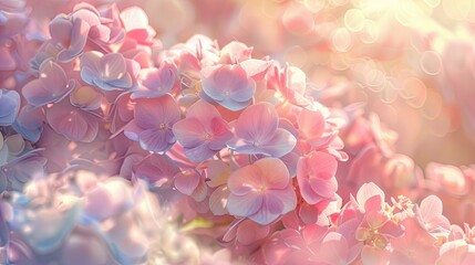 Obraz premium Beautiful pastel hydrangea blooms with a subtle sunlight glow, creating a warm and inviting atmosphere