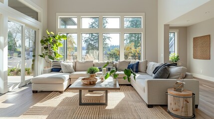 Bright and airy living room with large windows, a sectional sofa, and a contemporary coffee table, perfect for relaxing and entertaining