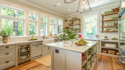 Bright and spacious kitchen with a farmhouse sink, open shelving, and a large island, perfect for cooking and entertaining