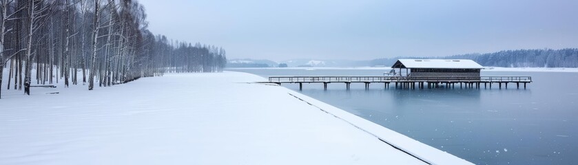 Naklejka premium Snowfall creating a white blanket over a frozen lake, with flurries dancing in the breeze, Snowfall, Frozen Lake, Flurries wonder