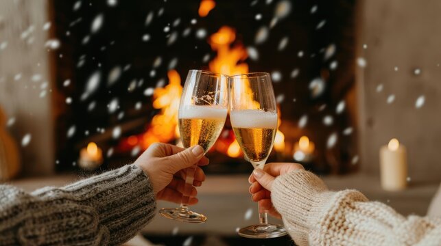 Couple sharing a toast by the fireplace with snowfall outside, New Year romance, cozy winter scene