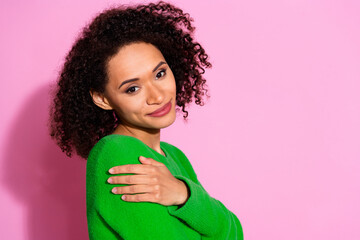 Photo of pretty nice lovely woman wear green stylish clothes empty space isolated on pink color...