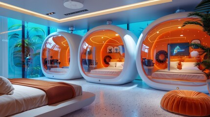 A high-tech Okinawan resort with virtual reality relaxation pods, futuristic style, bright colors, 3D rendering, luxurious details.