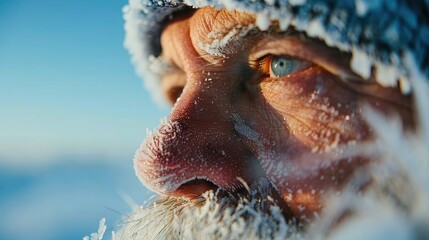 Naklejka premium Frostbite on an explorer's face in an icy wilderness, winter survival, harsh cold environment