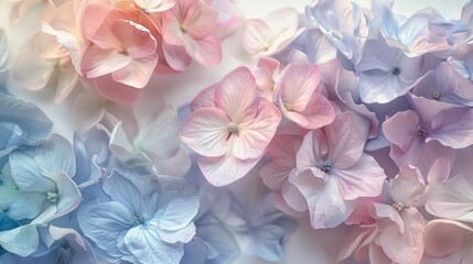 Fototapeta premium Close-up of pastel hydrangea clusters with a gentle breeze creating a soft, flowing effect