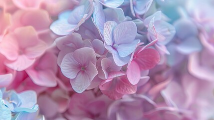 Obraz premium Close-up of pastel hydrangea clusters with a gentle breeze creating a soft, flowing effect