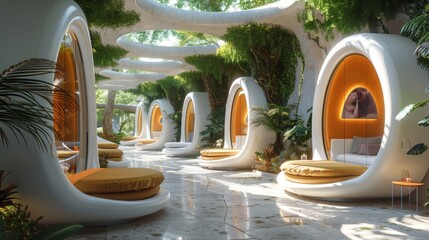 A high-tech Okinawan resort with virtual reality relaxation pods, futuristic style, bright colors, 3D rendering, luxurious details.