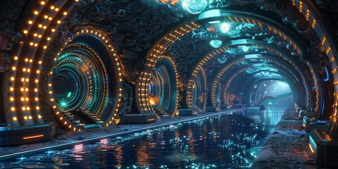 Obraz premium A futuristic Okinawan underwater research station, glowing with high-tech lights, sci-fi style, neon colors, 3D rendering, intricate design.