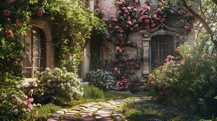 Obraz premium Create a prompt for a photo realistic image of a cottage with an English garden, climbing roses, and a stone pathway.