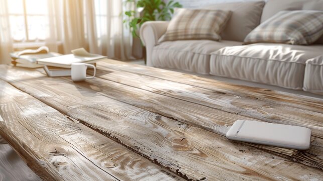 Vintage pen, smartphone, and notepad on rustic wooden table under natural sunlight