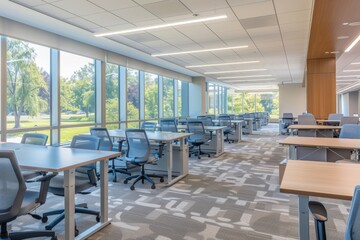 Fototapeta premium Modern Office Interior with Large Windows and Natural Light.
