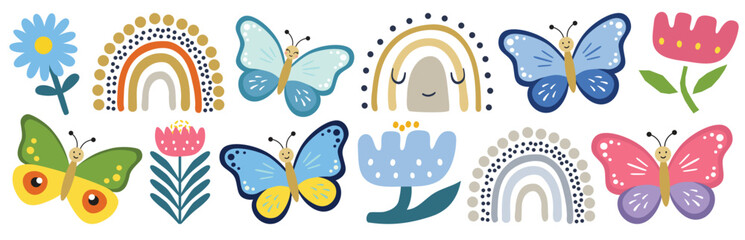 Summer butterfly, flowers, rainbows. Hand drawn cute cartoon summer characters isolated on light background. Color insect clipart. Baby shower design elements. Party invitation, birthday celebration. 