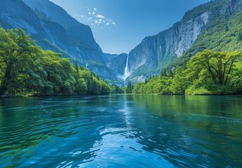 A tranquil scene of Bridalveil Fall flowing into a lush valley in Yosemite