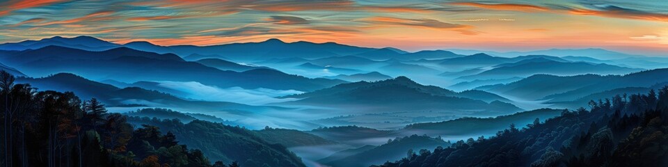 Obraz premium Mountain Ridge at Sunset: A Blue and Orange Smoky Scene with Dramatic Fog