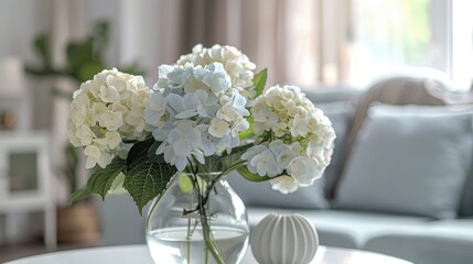 Soft pastel hydrangea bouquet in a chic glass vase, set against a stylish home interior backdrop